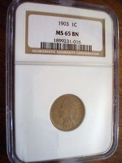 SUPER GEM 1903 INDIAN CENT NGC CERTIFIED MS65 BN BROWN LOWEST MS65 