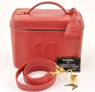 Authentic Chanel Large Vanity Red Caviar Cosmetic case Bag+ strap Gold 