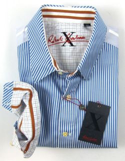   GRAHAM Blue White Stripe Check Cotton Dress Sport Shirt L NWT $395