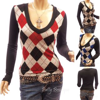 smart v neck checkers long sleeve knit top from hong