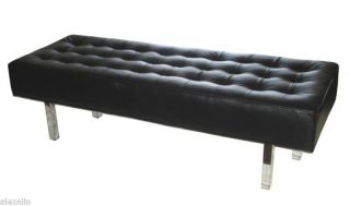 Contemporary   Modern Tufted Black Leather Bench, Ottoman with Chrome 