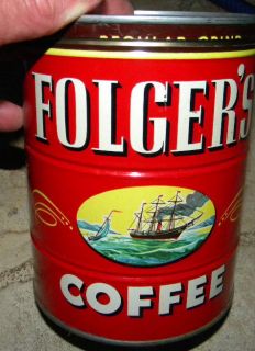 1946 FOLGERS 2 LB WELL PAINTED COFFEE TIN  EXCELLENT