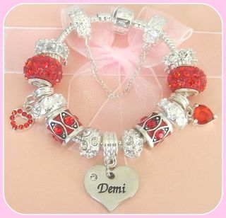   /GIRLS/ TEENS RED & SILVER CHARM BRACELET PERSONALISED WITH NAMES K M