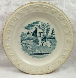 Staffordshire Pottery Childs Alphabet Plate w/ Hunting Dogs & Men 