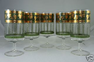   WINE/WATER GLASSES GREEN,GOLD,GRAPES,LEAVES SIGNED CORA SET OF 5