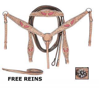   Carved Western Headstall Bridle Breast collar Pink Wing Horse Tack