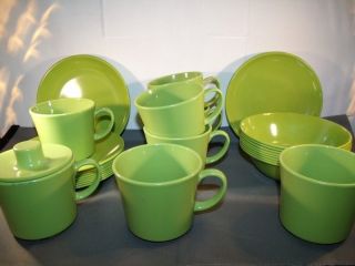 Texas Ware Green Melamine Bowls Saucers Cups Plates Lot of 32 Pieces