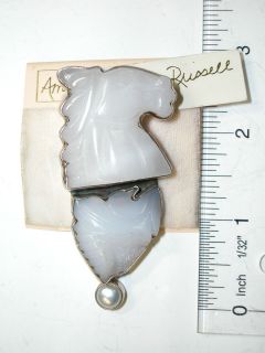   KAHN RUSSEL White Jade Horse Drusy Pearl Sterling Silver Pin Pendant