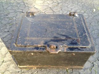 Antique 1890 1915 Strong Box, Metal hinged lid,Cash Box,Safe, 12x9x7
