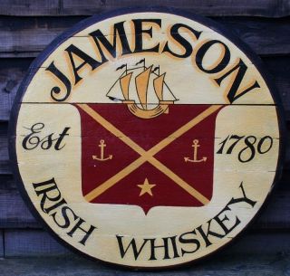 JAMESONS IRISH WHISKEY Wooden Pub Sign   Hand Painted Oak Barrel End