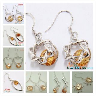 New Dangle Amber Solid Genuine 925 Sterling Silver charm earring 
