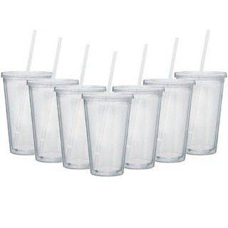 12 CUPS CLEAR ACRYLIC TUMBLERS REUSABLE DOUBLE WALL WITH STRAW & LID 