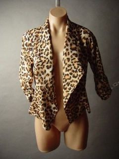 Trendy Leopard Animal Print Ruched Sleeve Hem Chiffon Cropped Jacket 