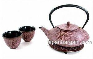 Japanese Cast Iron Tea Set Teapot Kettle Bamboo #ts7 06wr J2087