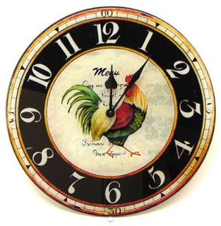   Colorful Rooster Wall Clock Glass FRENCH COUNTRY KITCHEN DECOR New