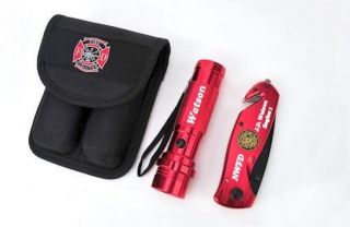   Laser Engraved Firefighter Rescue Knife & Flashlight Combo Set