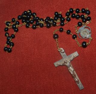 VINTAGE ITALY Black Bead AND SILVER ROSARY Large Crucifix