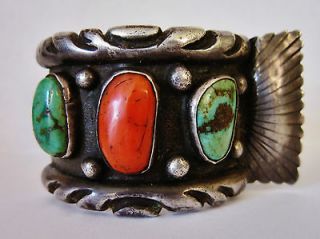   Indian Sterling Silver Turquoise Coral Cuff Watch Bracelet Heavy
