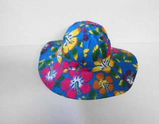 Beach Luau Floppy Brim Hat Blue w/Multi Color Flowers
