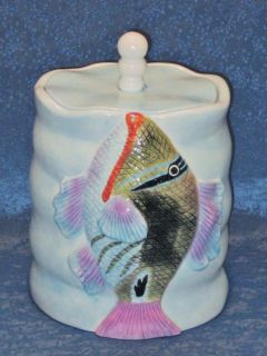   Tropical Blue Ceramic Fish Cookie Jar Canister Sealing Lid 8 x 7