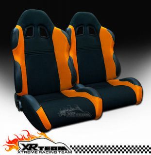 2pc LH+RH JDM Blk/Orange Fabric & PVC Leather Racing Bucket Seats 
