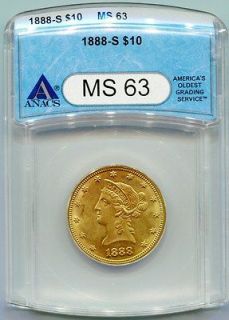 1888 S $10 US Liberty Gold Eagle ANACS MS 63 Certified Coin Genuine 