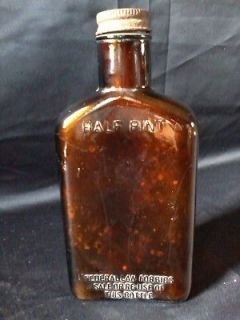 ANTIQUE Brown Glass HALF PINT LIQUOR Bottle with ORIGINAL Cap