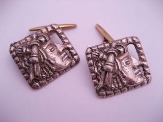 Antique Ornate Silver Emboss Aztec Mayan Indian Figural Head Cufflinks 