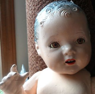 Composition BABY DOLL w/ CELLULOID TEETH Moving Painted Eyes 