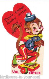 Vintage Valentine Card Dressed Monkey Rides Scooter Die Cut for 
