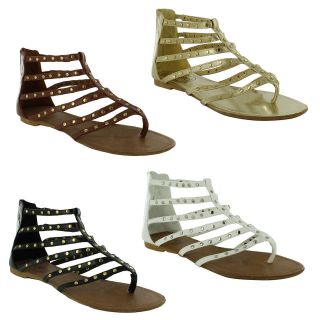 New Ladies Flat Toe Post Studded Zip Up Gladiator Roman Sandals Size 3 