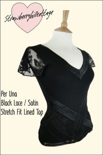 Ex Per Una black stretch fit lined top with satin and floral lace trim