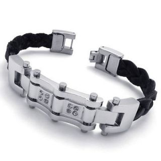   Black Genuine Leather Stainless Steel Mens Bracelet 8.66 A19962