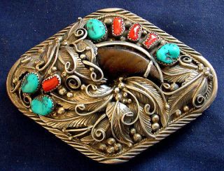 NAVAJO KEN BITSUI, STERLING SILVER, TURQUOISE CORAL CABS, MANS 