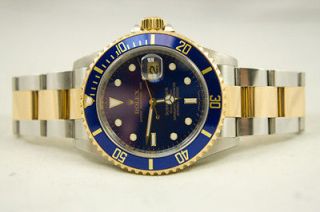 Rolex Watch Mens SS & 18K Gold Submariner 16613 Bezel Engraving Blue 