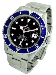 Mens Rolex Submariner Blue Bezel Steel Watch 16610 w/ Wood Display 