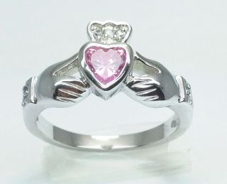 Sterling Silver 925 Irish Claddagh Wedding Ring, High Finish Pink 