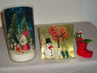   50s Christmas Decorations putz mica snowman elf & tree scene, boot