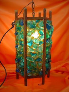 Mid Century Modern Hanging Swag LAMP Hexagon PLASTIC SHARD MOSAIC Aqua 