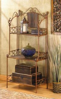 Brown Bakers Rack Metal Frame Wood Shelves Decorative Floor Shelf Unit