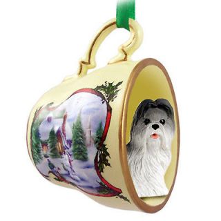 Shih Tzu Dog Christmas Holiday Teacup Ornament Figurine Gray/Wht