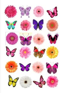 24 X BUTTERFLY & FLOWERS EDIBLE CUP CAKE TOPPERS FB2