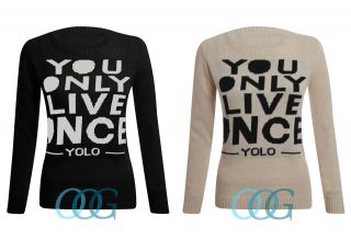 Womens Ladies You Live Only Once YOLO Slogan Knitted Long Sleeve 