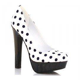 White with Navy Polka Dot Fabric Round Toe Thick Heels #BIGWIN H