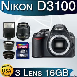 USA Nikon D3100 14.2MP 3 Lens Camera Kit with Flash 16GB Pro Kit NEW