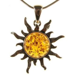 GIFT BOXED BALTIC AMBER STERLING SILVER 925 SUN PENDANT NECKLACE CHAIN 