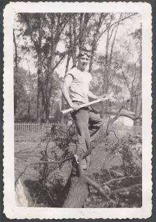 Photo Young Man on Fallen Tree Lumberjack w/ Axe & Goggles Fire Wood 