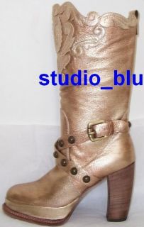 ANNA SUI Bronze Leather Tooled Stud Platform Boots 36 or 39