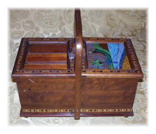 Vintage WOODEN SEWING BOX 3 Tier Accordian w/ Handle Wood INLAY 