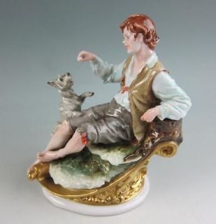Vintage SIGNED B. MERLI CAPODIMONTE BOY Feeding DOG Porcelain Figurine 